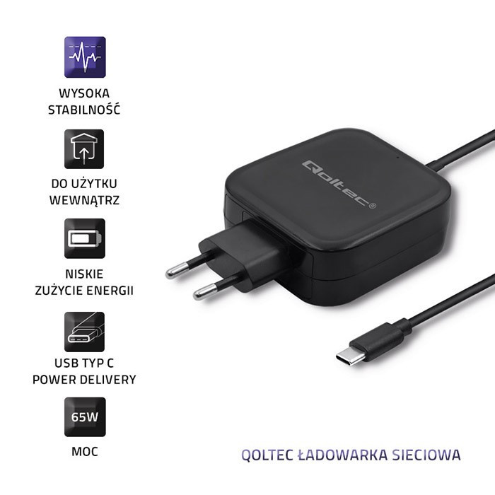 Ładowarka sieciowa 65W | 5-20V | 3-3.25A | USB typ C | PD |      Czarna 