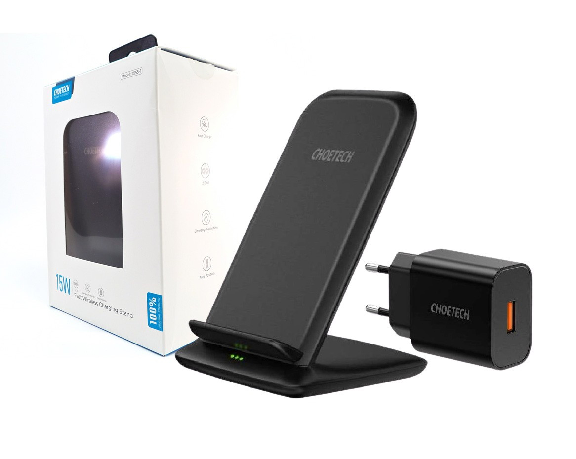 T555-F Black Ładowarka bezprzewodowa indukcyjna 15W Qi Fast Charge + ładowarka sieciowa Quick Charge 18W