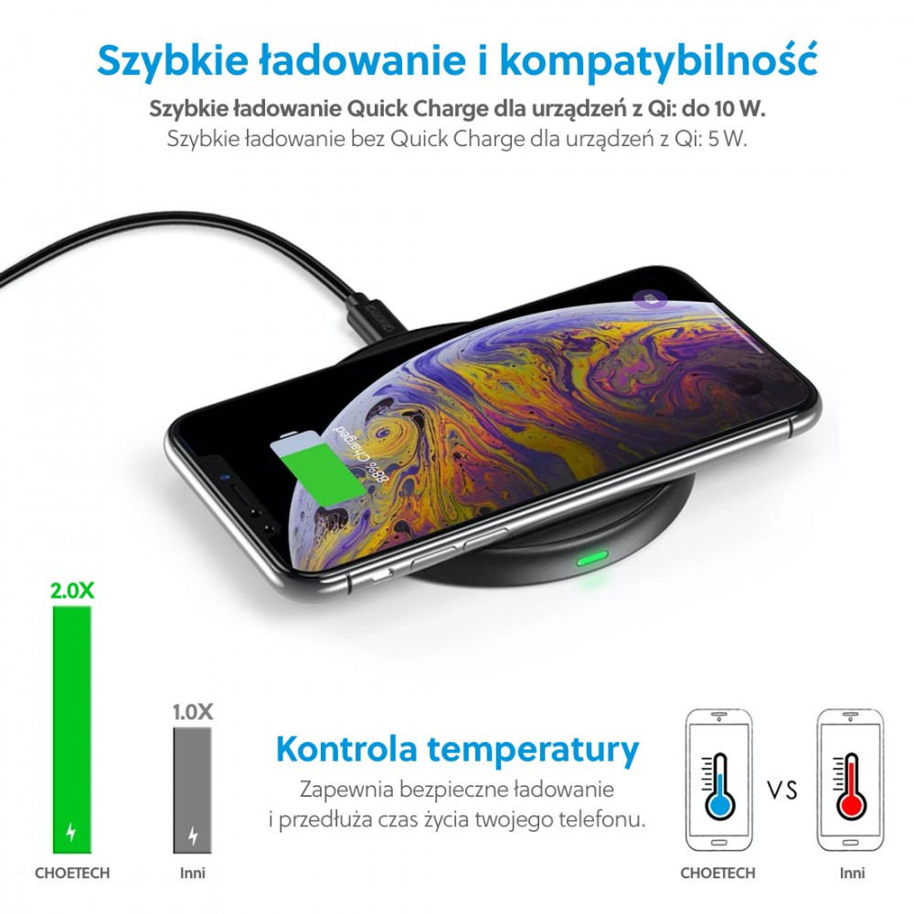 T526-S Black Ładowarka bezprzewodowa indukcyjna Qi 10W 2A Fast Charge