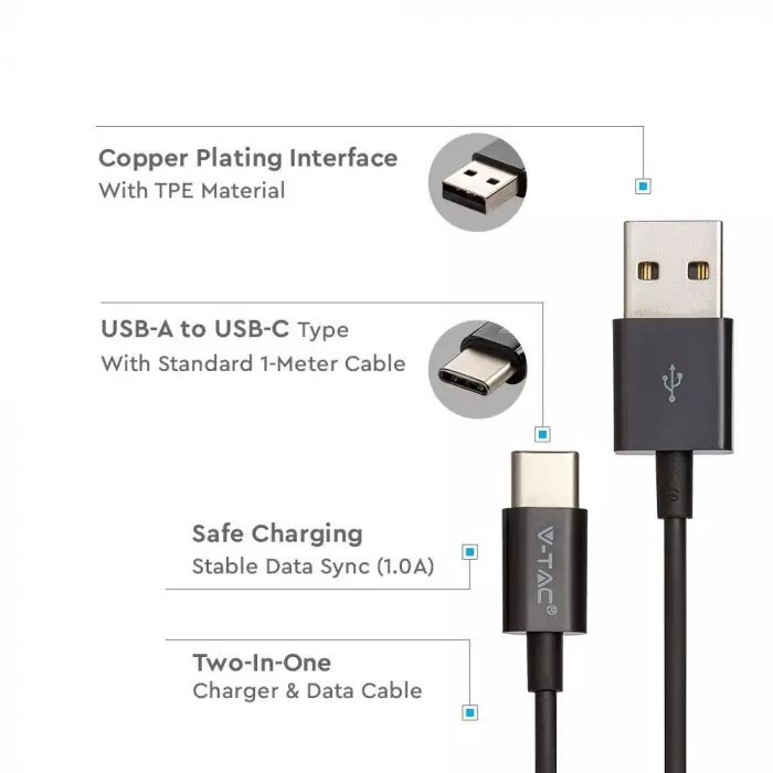 Kabel USB M - USB Typ-C 1m 1.0A Czarny 
