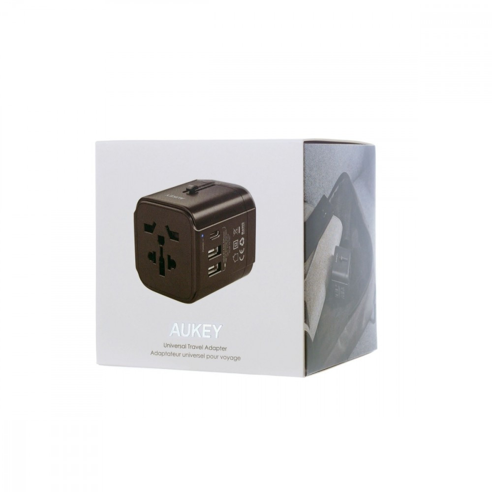 PA-TA01 Black uniwersalny podróżny adapter sieciowy 2xUSB+1xUSB C | 7.8A | pasuje w 150 krajach