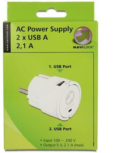 Ładowarka sieciowa NAVILOCK 2X USB 2.1A 100-240V biała mini rozmiar