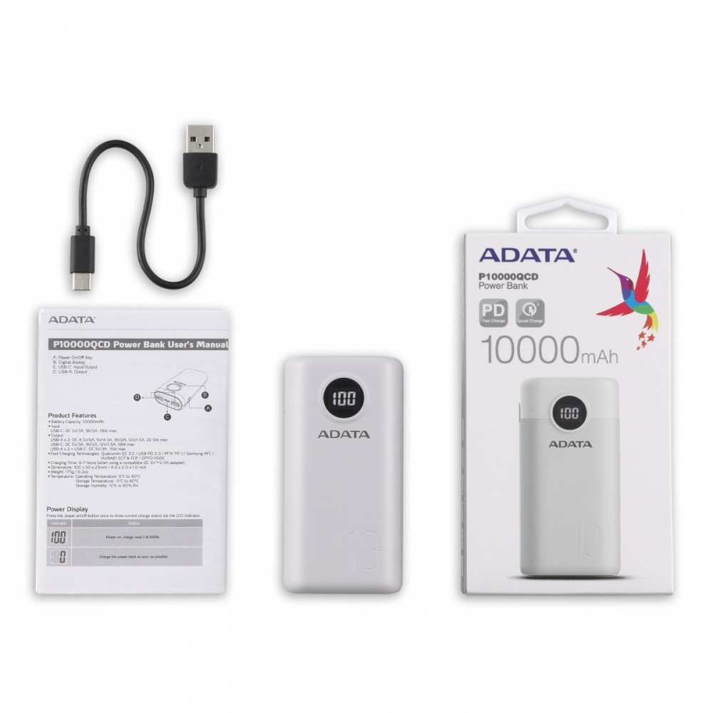 Powerbank P10000QCD 10000mAh Biały QC/PD 