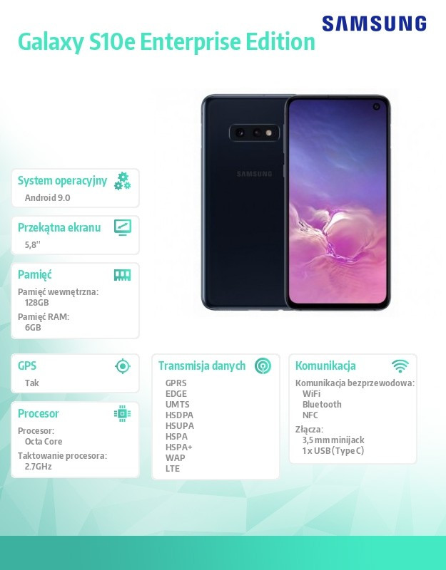Smartfon Galaxy S10e 5,8 6/128GB Dual SIM Enterprise Edition Czarny, następca modelu SM-G970FZKDXEO