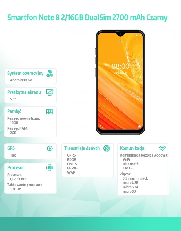 Smartfon Note 8 2/16GB DualSim 2700 mAh Czarny