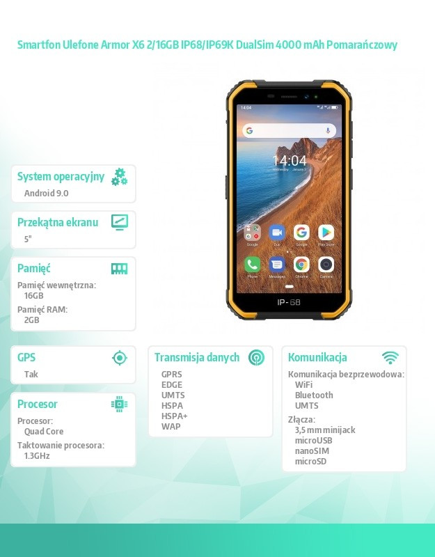 Smartfon Armor X6 2/16GB IP68/IP69K DualSim 4000 mAh Pomarańczowy