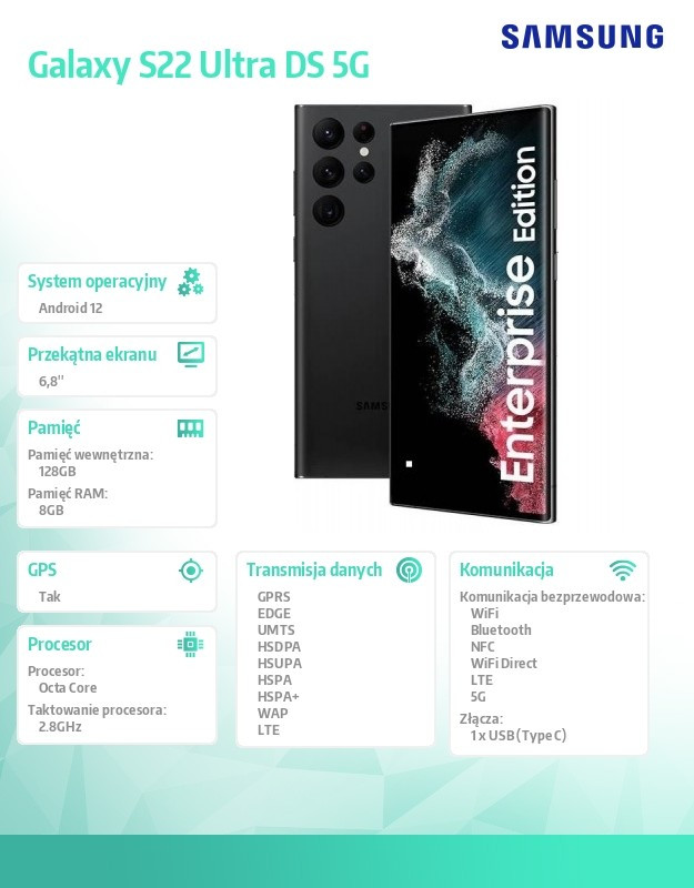 Smartfon Galaxy S22 Ultra DS 5G 8/128GB Enterprise Edition Czarny