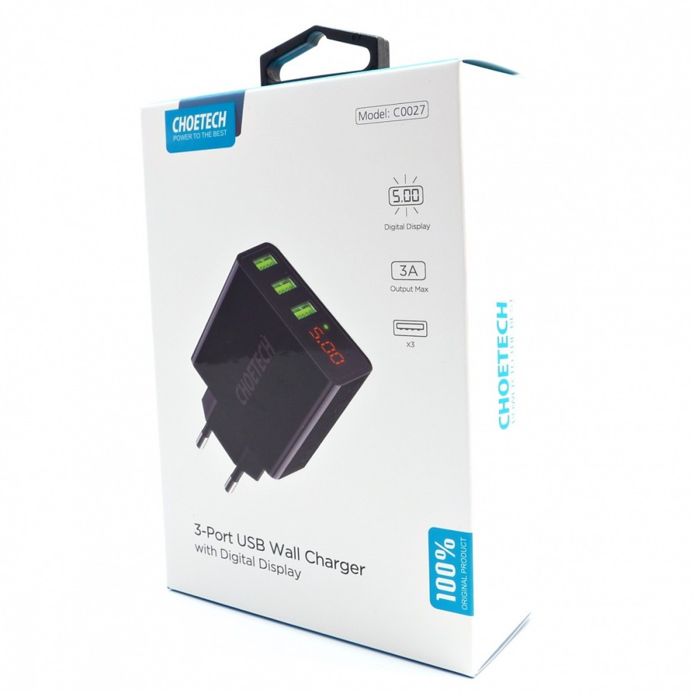 C0027 Black Ładowarka sieciowa LCD 3xUSB 3A 15W