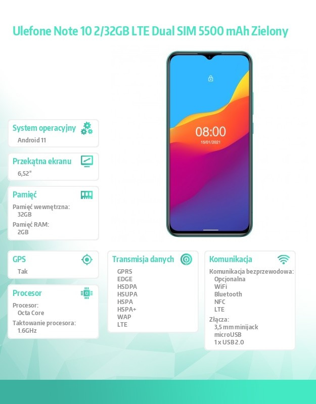 Smartfon Note 10 2/32GB LTE Dual SIM 5500 mAh Zielony 
