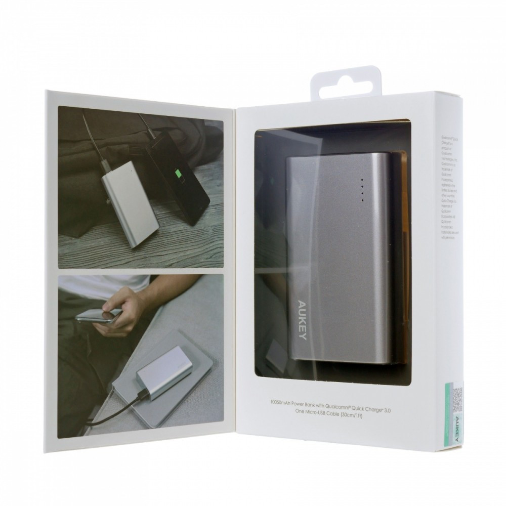 PB-AT10 Grey ultraszybki aluminiowy Power Bank | 10050 mAh | 3xUSB | 5.4A | Quick Charge 3.0 | kabel micro USB 