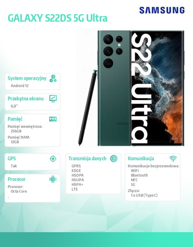 Smartfon GALAXY S22DS 5G Ultra 12/256GB Zielony 