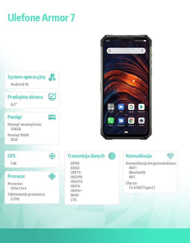 Smartfon Armor 7 LTE 8GB /128GB IP68/IP69K 5500mAh Czarny 