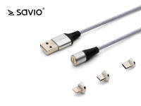 Kabel Magnetyczny USB - USB Typ C, Micro i Lightning 1m, SAVIO CL-153 Srebrny